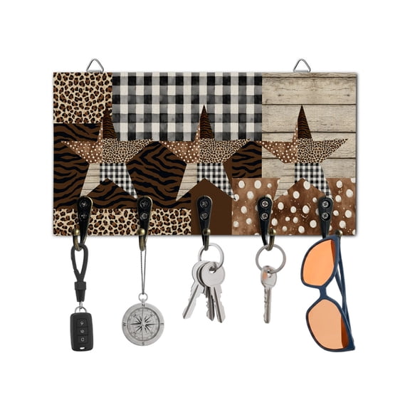 Key Holder for Wall Brown Barn Star Plaid Key Hooks Wood Wall Mounted Key Holder Dots Zebra Leopard Print Key Rack Organizer with 5 Hooks for Entryway, Hallway Office Bathroom Kitchen Home Decor