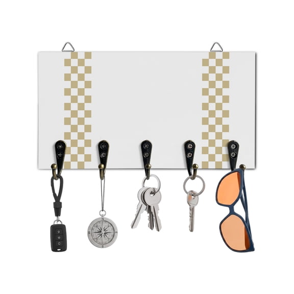 Key Holder for Wall Brown Check Plaid Key Hooks Wood Wall Mounted Key Holder Buffalo Farmhouse Style Pattern Key Rack Organizer with 5 Hooks for Entryway, Hallway Office Bathroom Kitchen Home Decor
