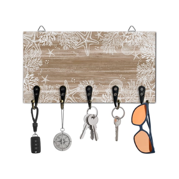 Key Holder for Wall Brown Coral Starfish Key Hooks Wood Wall Mounted Key Holder Summer Ocean Beach Shell Key Rack Organizer with 5 Hooks for Entryway, Hallway Office Bathroom Kitchen Home Decor