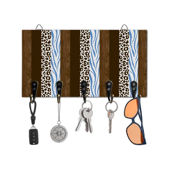 Key Holder for Wall Brown Leopard Zebra Stripes Key Hooks Wood Wall Mounted Key Holder Abstract Wood Collage Key Rack Organizer with 5 Hooks for Entryway, Hallway Office Bathroom Kitchen Home Decor