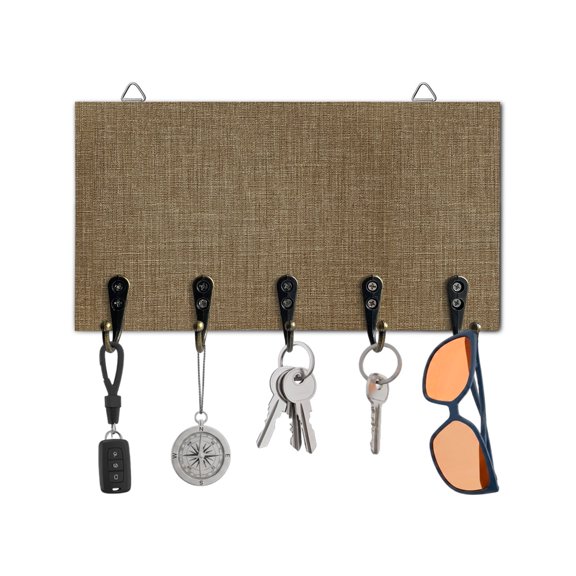 Key Holder for Wall Brown Linen Key Hooks Wood Wall Mounted Key Holder Farmhouse Pure Color Key Rack Organizer with 5 Hooks for Entryway, Hallway Office Bathroom Kitchen Home Decor