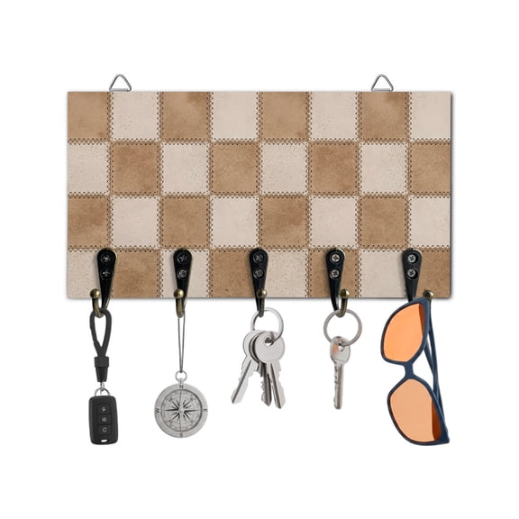 Key Holder for Wall Brown Linen Texture Key Hooks Wood Wall Mounted Key Holder Bohemian Patchwork Checkerboard Key Rack Organizer with 5 Hooks for Entryway, Hallway Office Bathroom Kitchen Decor