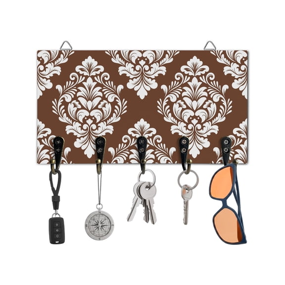Key Holder for Wall Brown Luxurious Floral Key Hooks Wood Wall Mounted Key Holder Classic Abstract Art Key Rack Organizer with 5 Hooks for Entryway, Hallway Office Bathroom Kitchen Home Decor