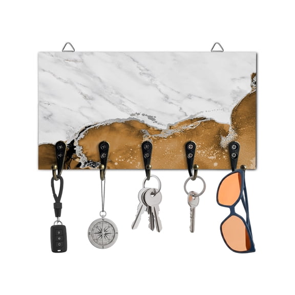 Key Holder for Wall Brown Marble Key Hooks Wood Wall Mounted Key Holder White Modern Abstract Art Luxury Fluid Key Rack Organizer with 5 Hooks for Entryway, Hallway Office Bathroom Kitchen Decor