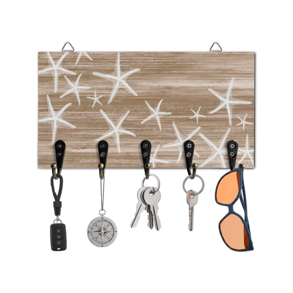 Key Holder for Wall Brown Starfish Key Hooks Wood Wall Mounted Key Holder Summer Ocean Beach Key Rack Organizer with 5 Hooks for Entryway, Hallway Office Bathroom Kitchen Home Decor