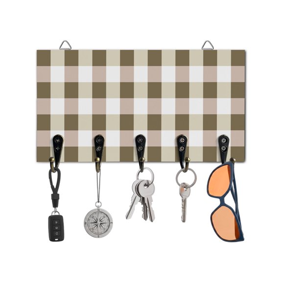 Key Holder for Wall Brown White Buffalo Plaid Key Hooks Wood Wall Mounted Key Holder Classic Checked Key Rack Organizer with 5 Hooks for Entryway, Hallway Office Bathroom Kitchen Home Decor