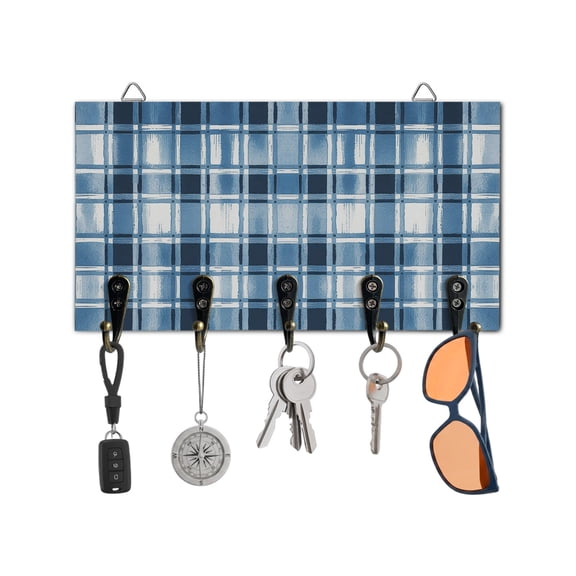 Key Holder for Wall Buffalo Plaid Key Hooks Wood Wall Mounted Key Holder Blue Watercolor Check Stripes Key Rack Organizer with 5 Hooks for Entryway, Hallway Office Bathroom Kitchen Home Decor