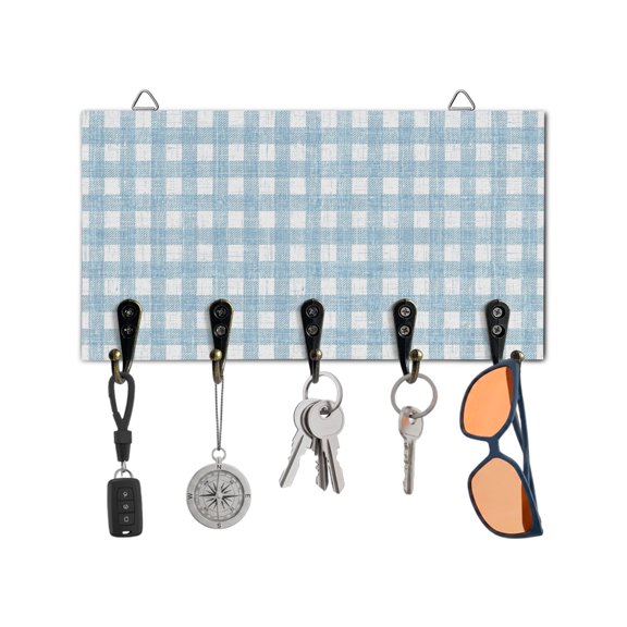 Key Holder for Wall Buffalo Plaid Key Hooks Wood Wall Mounted Key Holder Sky Blue Classic Checked Stripes Key Rack Organizer with 5 Hooks for Entryway, Hallway Office Bathroom Kitchen Home Decor