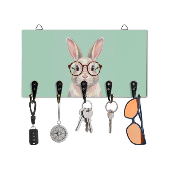 Key Holder for Wall Bunny Wear Glasses Key Hooks Wood Wall Mounted Key Holder Green Funny Animal Key Rack Organizer with 5 Hooks for Entryway, Hallway Office Bathroom Kitchen Home Decor