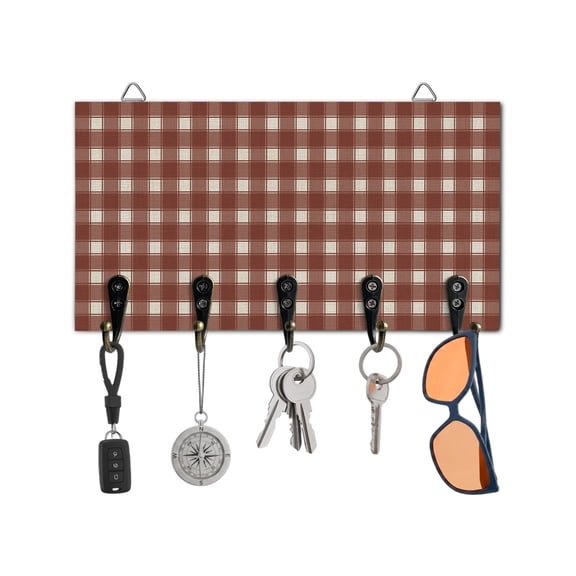 Key Holder for Wall Burnt Orange Buffalo Plaid Key Hooks Wood Wall Mounted Key Holder Classic Checked Key Rack Organizer with 5 Hooks for Entryway, Hallway Office Bathroom Kitchen Home Decor