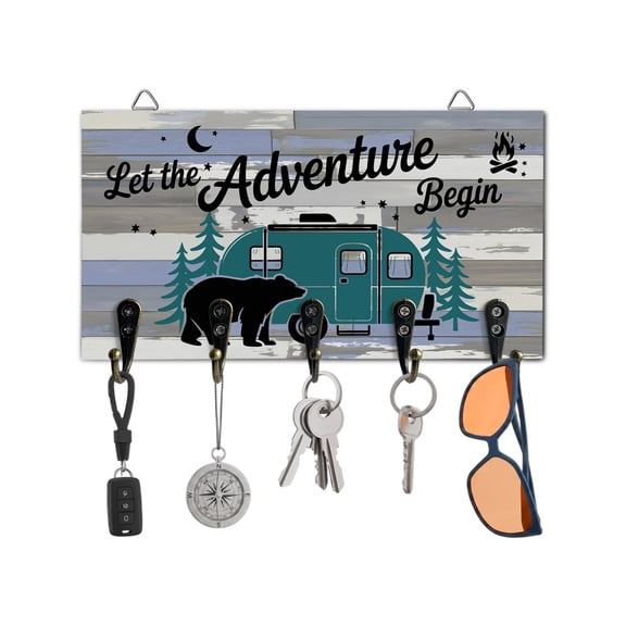 Key Holder for Wall Camper Van Bear Key Hooks Wood Wall Mounted Key Holder Let The Adventure Begin Moon Flame Wood Key Rack Organizer with 5 Hooks for Entryway, Hallway Office Bathroom Kitchen Decor