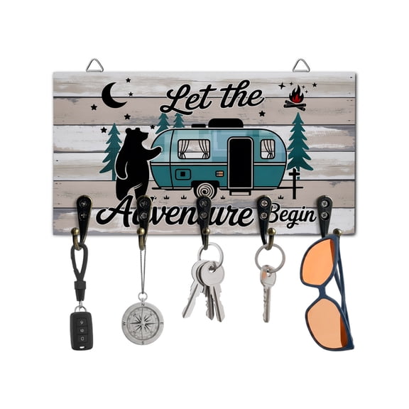 Key Holder for Wall Camper Van Bear Key Hooks Wood Wall Mounted Key Holder Let The Adventure Begin Wood Grain Moon Key Rack Organizer with 5 Hooks for Entryway, Hallway Office Bathroom Kitchen Decor