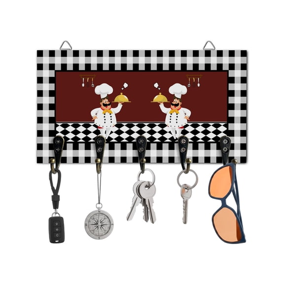 Key Holder for Wall Cartoon Chef Key Hooks Wood Wall Mounted Key Holder Kitchen Gourmet Black Plaid Key Rack Organizer with 5 Hooks for Entryway, Hallway Office Bathroom Kitchen Home Decor
