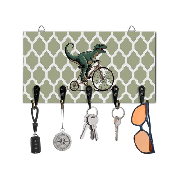 Key Holder for Wall Cartoon Dinosaur Ride Bike Key Hooks Wood Wall Mounted Key Holder Green Geometric Moroccan Key Rack Organizer with 5 Hooks for Entryway, Hallway Office Bathroom Kitchen Decor