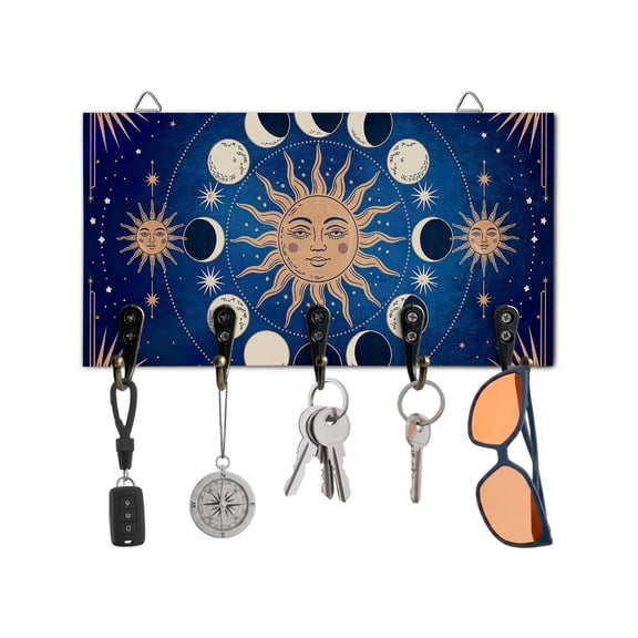 Key Holder for Wall Celestial Sun and Moon Key Hooks Wood Wall Mounted Key Holder Blue Starry Galaxy Boho Key Rack Organizer with 5 Hooks for Entryway, Hallway Office Bathroom Kitchen Home Decor