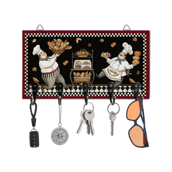 Key Holder for Wall Chef Carrying Bread Key Hooks Wood Wall Mounted Key Holder Bakery Display Black Buffalo Plaid Key Rack Organizer with 5 Hooks for Entryway, Hallway Office Bathroom Kitchen Decor