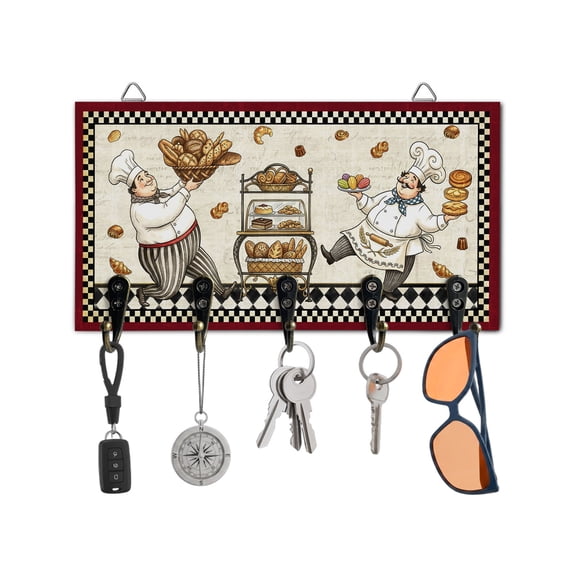 Key Holder for Wall Chef Carrying Bread Key Hooks Wood Wall Mounted Key Holder Bakery Display Buffalo Plaid Key Rack Organizer with 5 Hooks for Entryway, Hallway Office Bathroom Kitchen Home Decor