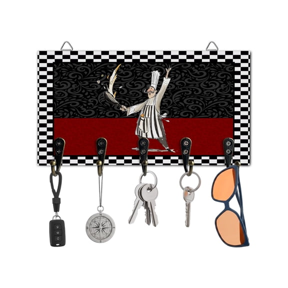Key Holder for Wall Chef Kitchens Key Hooks Wood Wall Mounted Key Holder Funny Black Buffalo Plaid Key Rack Organizer with 5 Hooks for Entryway, Hallway Office Bathroom Kitchen Home Decor