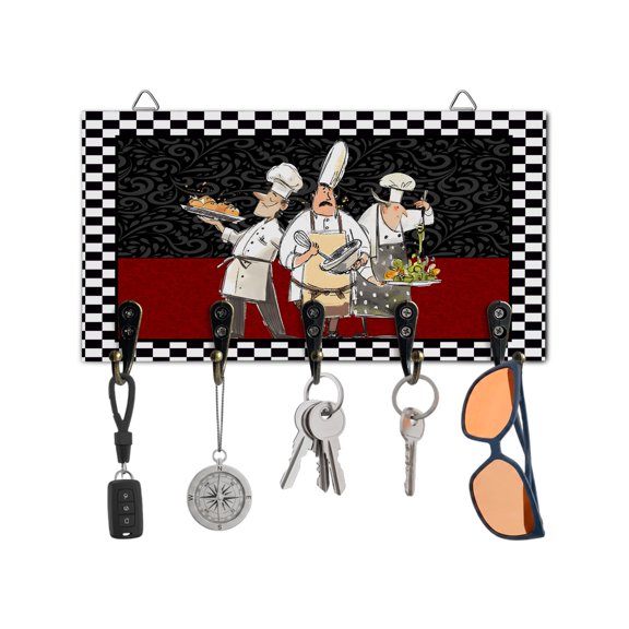 Key Holder for Wall Chef Kitchens Key Hooks Wood Wall Mounted Key Holder Funny Cooks Black Buffalo Plaid Key Rack Organizer with 5 Hooks for Entryway, Hallway Office Bathroom Kitchen Home Decor