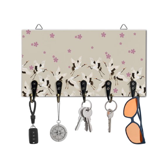 Key Holder for Wall Cherry Blossom Crane Key Hooks Wood Wall Mounted Key Holder Japanese Style Beige Key Rack Organizer with 5 Hooks for Entryway, Hallway Office Bathroom Kitchen Home Decor