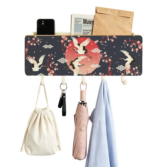 Key Holder for Wall Cherry Blossom Crane Key and Mail Holder with Shelf 5 Hooks Storage Key Organizer Japanese Style Cloud Black Wood Wall Key Hanger for Entryway Hallway Kitchen Office Home Decor