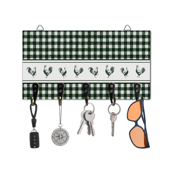 Key Holder for Wall Chicken Cock Rooster Key Hooks Wood Wall Mounted Key Holder Farmhouse Animal Green Buffalo Plaid Key Rack Organizer with 5 Hooks for Entryway, Hallway Bathroom Kitchen Decor