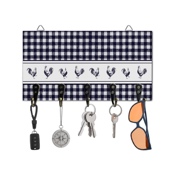 Key Holder for Wall Chicken Cock Rooster Key Hooks Wood Wall Mounted Key Holder Farmhouse Animal Purple Buffalo Plaid Key Rack Organizer with 5 Hooks for Entryway, Hallway Bathroom Kitchen Decor
