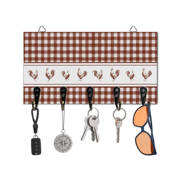 Key Holder for Wall Chicken Cock Rooster Key Hooks Wood Wall Mounted Key Holder Farmhouse Animal Red Buffalo Plaid Key Rack Organizer with 5 Hooks for Entryway, Hallway Office Bathroom Kitchen Decor