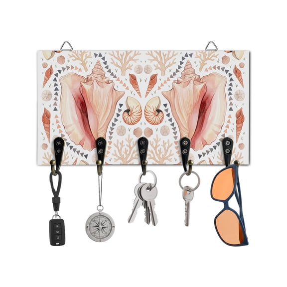 Key Holder for Wall Coastal Coral Conch Key Hooks Wood Wall Mounted Key Holder Ocean Beach Shell Key Rack Organizer with 5 Hooks for Entryway, Hallway Office Bathroom Kitchen Home Decor