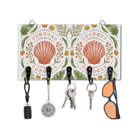 Key Holder for Wall Coastal Coral Shell Key Hooks Wood Wall Mounted Key Holder Ocean Conch Palm Leaves Key Rack Organizer with 5 Hooks for Entryway, Hallway Office Bathroom Kitchen Home Decor
