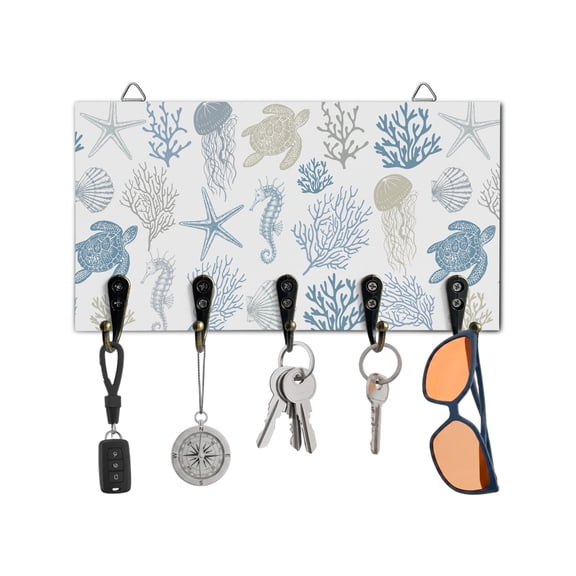 Key Holder for Wall Coastal Nautical Coral Key Hooks Wood Wall Mounted Key Holder Starfish Seashells Key Rack Organizer with 5 Hooks for Entryway, Hallway Office Bathroom Kitchen Home Decor