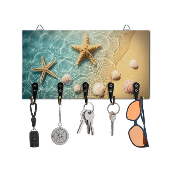Key Holder for Wall Coastal Starfish Seashells Key Hooks Wood Wall Mounted Key Holder Summer Beach Key Rack Organizer with 5 Hooks for Entryway, Hallway Office Bathroom Kitchen Home Decor
