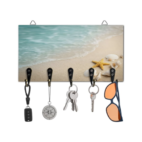 Key Holder for Wall Coastal Starfish Shells Key Hooks Wood Wall Mounted Key Holder Conch Summer Beach Key Rack Organizer with 5 Hooks for Entryway, Hallway Office Bathroom Kitchen Home Decor