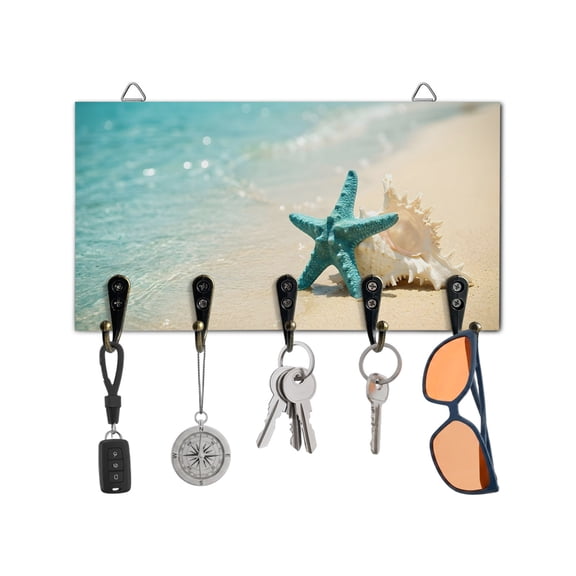Key Holder for Wall Coastal Starfish Shells Key Hooks Wood Wall Mounted Key Holder Summer Beach Key Rack Organizer with 5 Hooks for Entryway, Hallway Office Bathroom Kitchen Home Decor