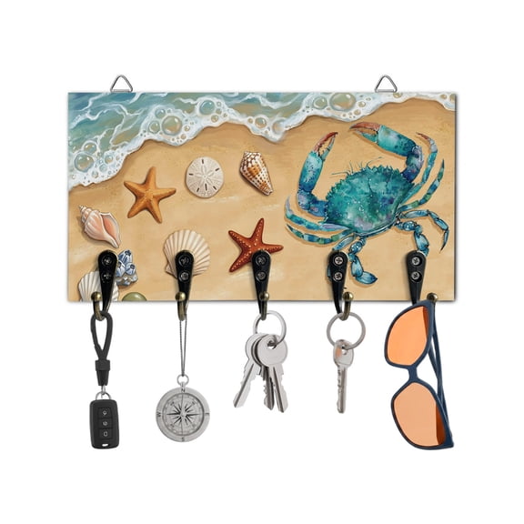 Key Holder for Wall Coastal Teal Crab Key Hooks Wood Wall Mounted Key Holder Starfish Shell Sandy Beach Key Rack Organizer with 5 Hooks for Entryway, Hallway Office Bathroom Kitchen Home Decor