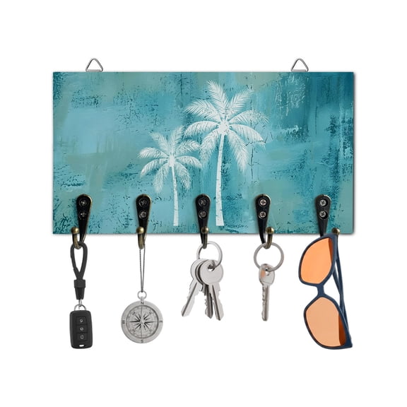 Key Holder for Wall Coconut Palm Tree Key Hooks Wood Wall Mounted Key Holder Teal Tropical Summer Beach Key Rack Organizer with 5 Hooks for Entryway, Hallway Office Bathroom Kitchen Home Decor
