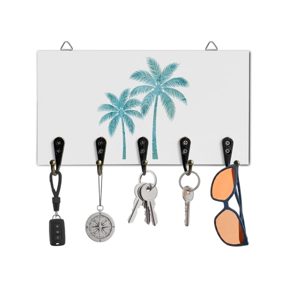 Key Holder for Wall Coconut Palm Tree Key Hooks Wood Wall Mounted Key Holder Turquoise Tropical Summer Beach Key Rack Organizer with 5 Hooks for Entryway, Hallway Office Bathroom Kitchen Home Decor