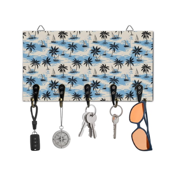 Key Holder for Wall Coconut Palm Trees Key Hooks Wood Wall Mounted Key Holder Sailing Surfing Vacation Key Rack Organizer with 5 Hooks for Entryway, Hallway Office Bathroom Kitchen Home Decor