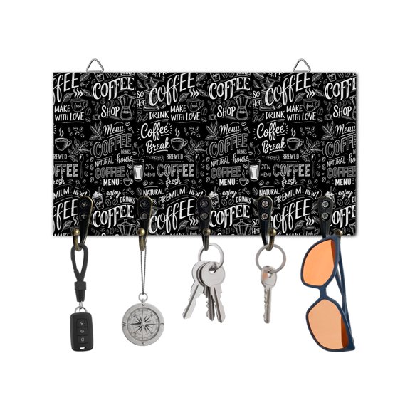 Key Holder for Wall Coffee Beans Key Hooks Wood Wall Mounted Key Holder Black Coffee Cup Key Rack Organizer with 5 Hooks for Entryway, Hallway Office Bathroom Kitchen Home Decor