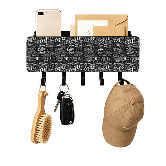 Key Holder for Wall Coffee Beans Key and Mail Holder with Shelf 5 Hooks Storage Key Organizer Rack Black Coffee Cup Wood Wall Key Hanger for Entryway Hallway Kitchen Office Home Decor