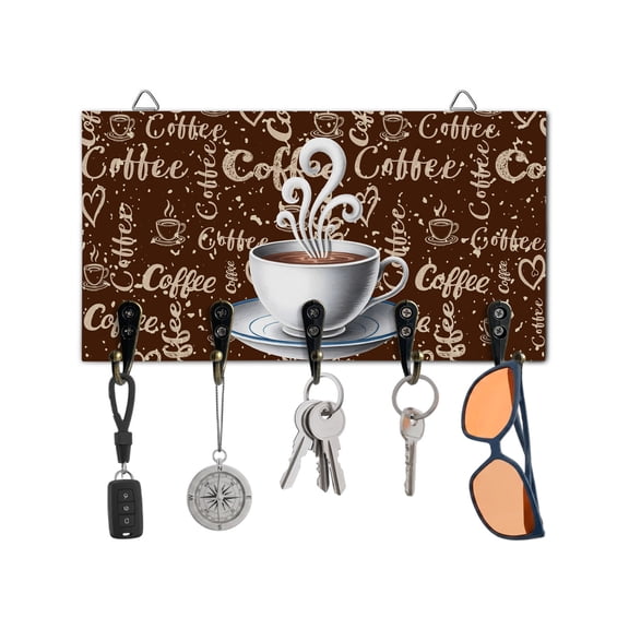 Key Holder for Wall Coffee Cup Key Hooks Wood Wall Mounted Key Holder Retro Brown Cafe Key Rack Organizer with 5 Hooks for Entryway, Hallway Office Bathroom Kitchen Home Decor