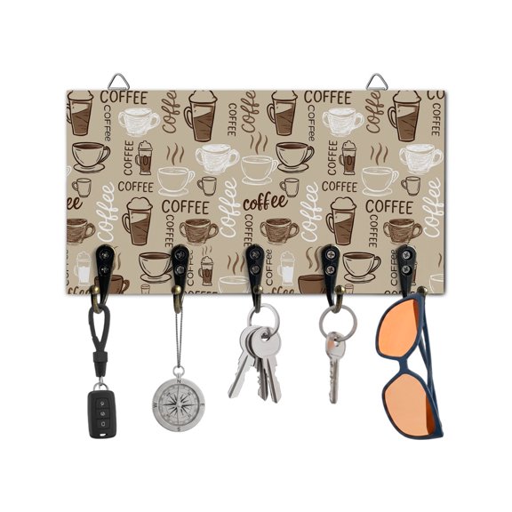 Key Holder for Wall Coffee Cups Key Hooks Wood Wall Mounted Key Holder Coffee Beans Khaki Key Rack Organizer with 5 Hooks for Entryway, Hallway Office Bathroom Kitchen Home Decor