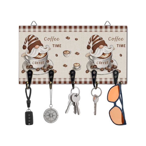 Key Holder for Wall Coffee Time Gnome Key Hooks Wood Wall Mounted Key Holder Coffee Beans Brown Plaid Key Rack Organizer with 5 Hooks for Entryway, Hallway Office Bathroom Kitchen Home Decor