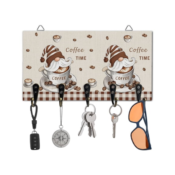 Key Holder for Wall Coffee Time Gnome Key Hooks Wood Wall Mounted Key Holder Coffee Beans Buffalo Plaid Key Rack Organizer with 5 Hooks for Entryway, Hallway Office Bathroom Kitchen Home Decor