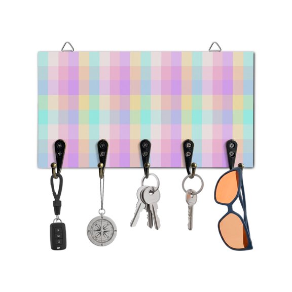 Key Holder for Wall Colorful Buffalo Plaid Key Hooks Wood Wall Mounted Key Holder Classic Checked Key Rack Organizer with 5 Hooks for Entryway, Hallway Office Bathroom Kitchen Home Decor