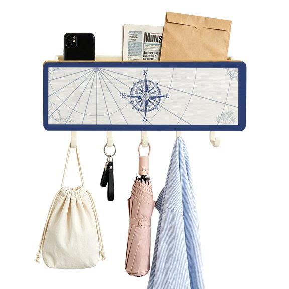 Key Holder for Wall Compass Key and Mail Holder with Shelf 5 Hooks Storage Key Organizer Rack Blue Ocean Navigation Map Wood Wall Key Hanger for Entryway Hallway Kitchen Office Home Decor