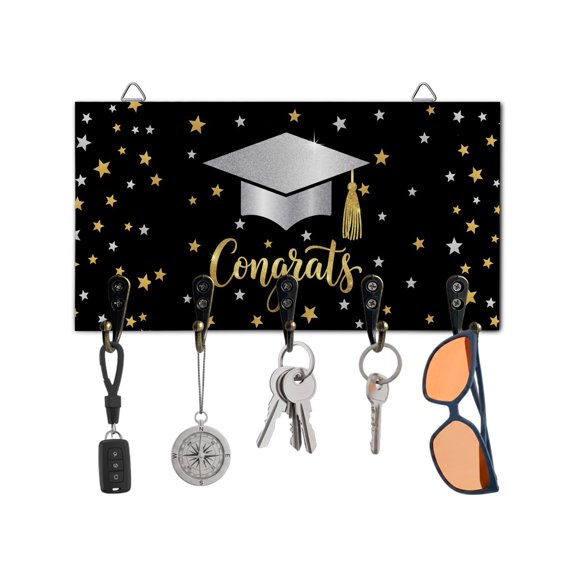 Key Holder for Wall Congrats Bachelor's Hat Key Hooks Wood Wall Mounted Key Holder Stars Graduate Season Key Rack Organizer with 5 Hooks for Entryway, Hallway Office Bathroom Kitchen Home Decor