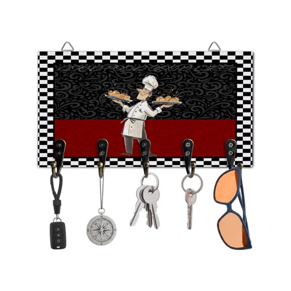 Key Holder for Wall Cooks Kitchens Key Hooks Wood Wall Mounted Key Holder Chef Red Black Buffalo Plaid Key Rack Organizer with 5 Hooks for Entryway, Hallway Office Bathroom Kitchen Home Decor