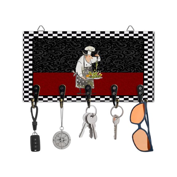 Key Holder for Wall Cooks Kitchens Key Hooks Wood Wall Mounted Key Holder Funny Chef Black Buffalo Plaid Key Rack Organizer with 5 Hooks for Entryway, Hallway Office Bathroom Kitchen Home Decor