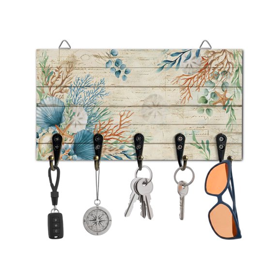 Key Holder for Wall Coral Seagrass Key Hooks Wood Wall Mounted Key Holder Eucalyptus Starfish Shell Linen Wood Key Rack Organizer with 5 Hooks for Entryway, Hallway Office Bathroom Kitchen Decor